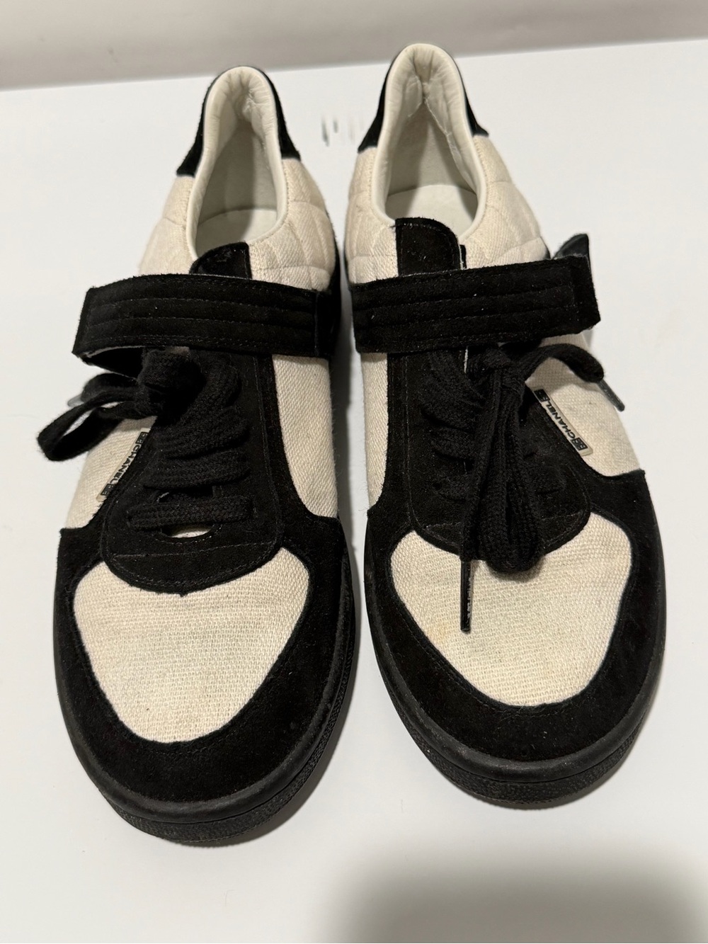 CHANEL Black and Cream Quilted Canvas & Suede Sneakers